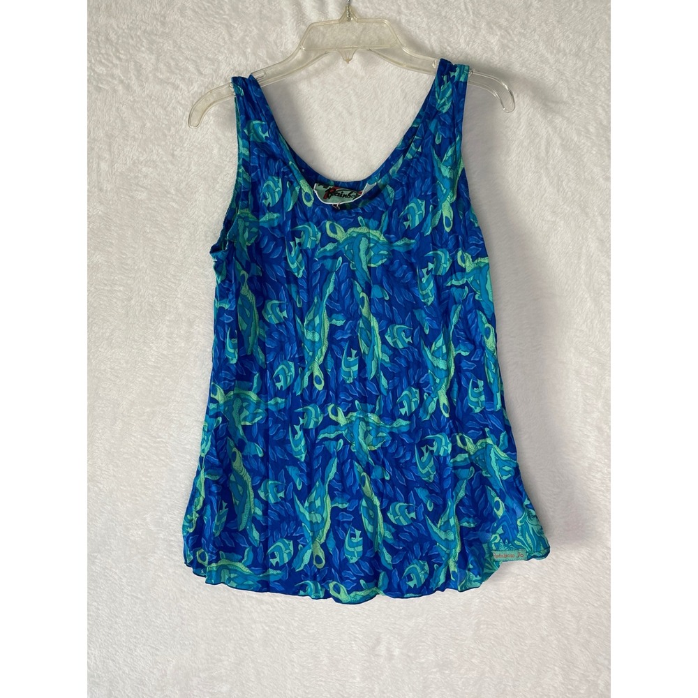 Vtg Rainbow Jo Womens Med Blue Teal Sea Life Turtle Fish Rayon Tank Top Hawaii